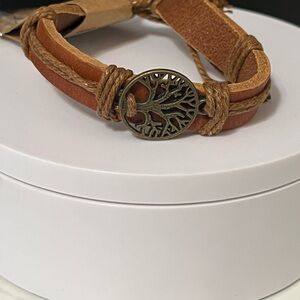 Tan Leather Band Tree of Life Antique Gold Adjustable Bracelet